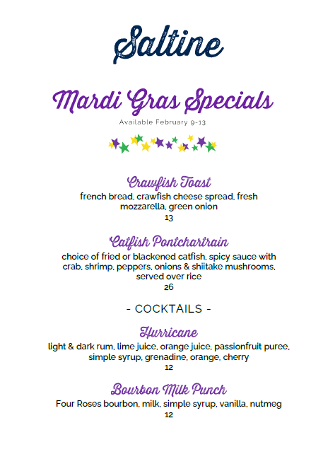 Mardi Gras Specials - Crawfish toast, catfish Pontchartrain, Hurricane cocktail, bourbon milk punch cocktail